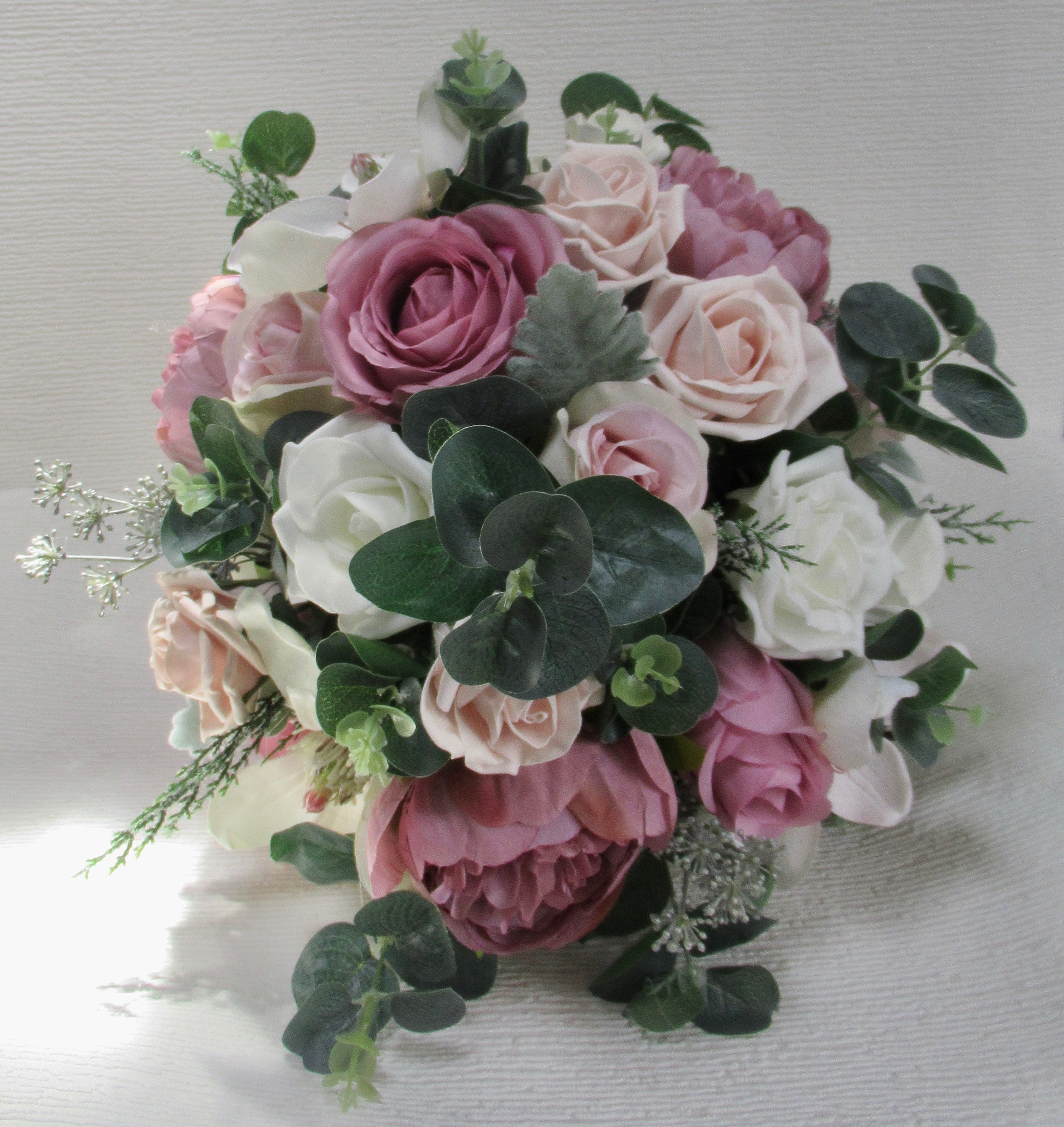 Dusky Pink, Blush & Ivory Brides Bouquet with eucalyptus, artificial wedding flowers